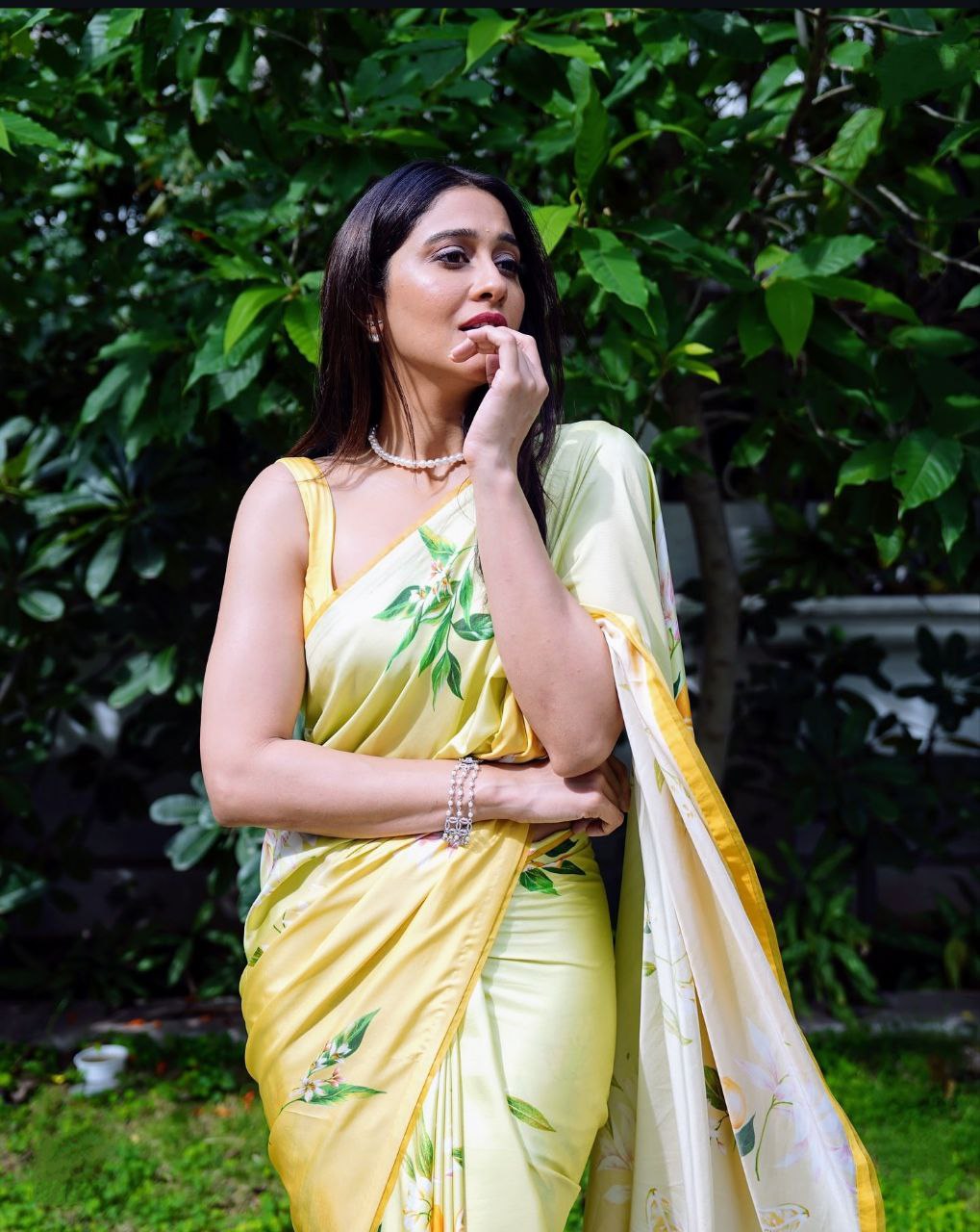 Soft Yellow Floral Printed Satin Saree  Elegant Lightweight Summer Wear Saree for Women