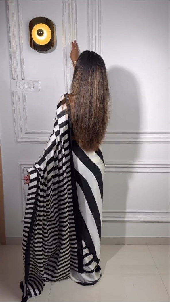 Bold Noir Black & White Striped Satin Saree – Modern Designer Party Wear Saree for Women