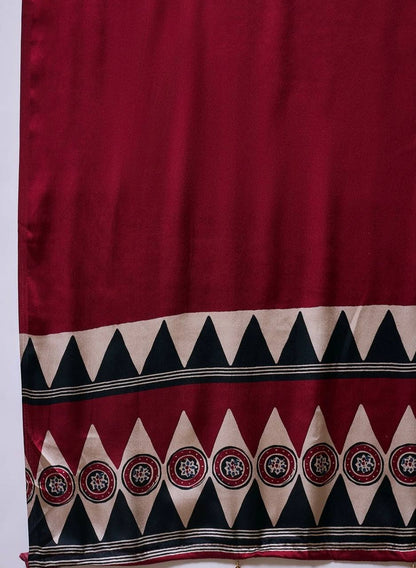 Maroon Black Printed Ajrakh Modal Silk Saree with Designer Border