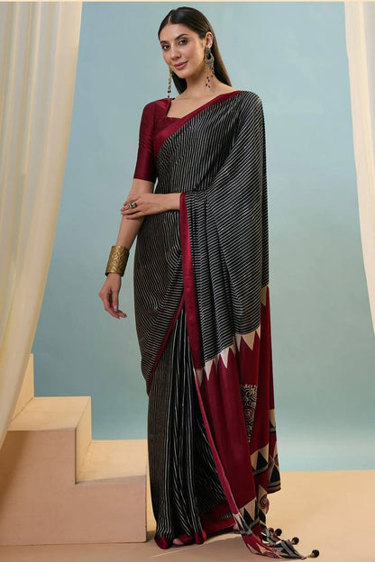 Maroon Black Printed Ajrakh Modal Silk Saree with Designer Border