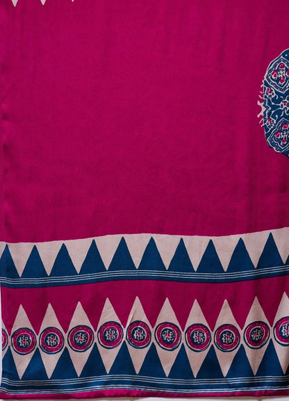Navy Blue Magenta Striped Ajrakh Modal Silk Saree with Designer Border
