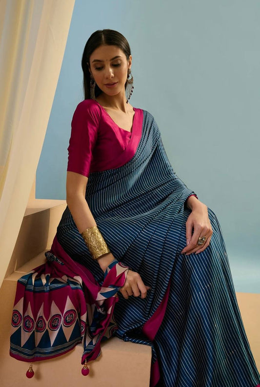 Navy Blue Magenta Striped Ajrakh Modal Silk Saree with Designer Border