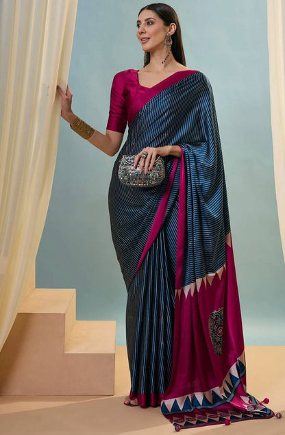 Navy Blue Magenta Striped Ajrakh Modal Silk Saree with Designer Border
