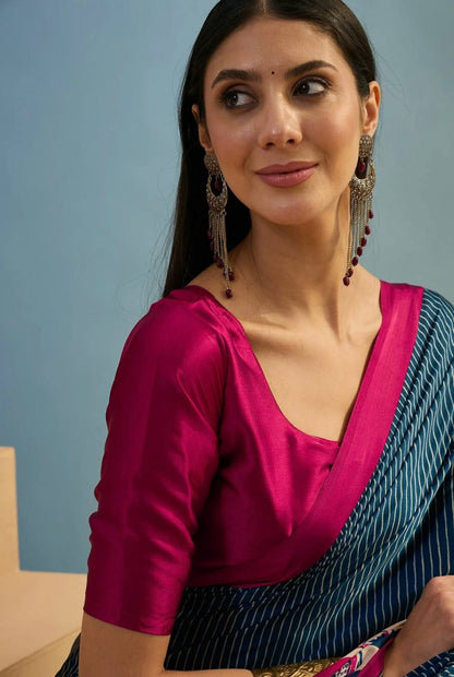 Navy Blue Magenta Striped Ajrakh Modal Silk Saree with Designer Border