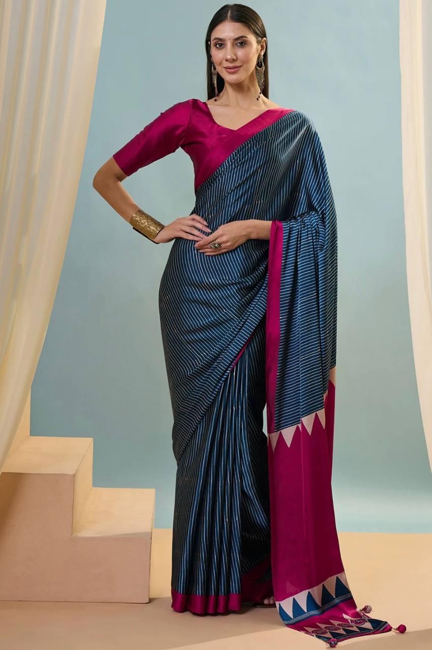 Navy Blue Magenta Striped Ajrakh Modal Silk Saree with Designer Border