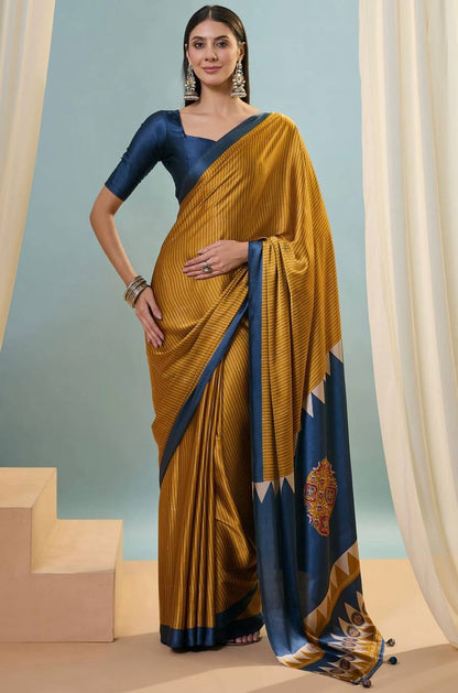 Mustard Yellow Navy Blue Striped Ajrakh Modal Silk Saree with Designer Pallu