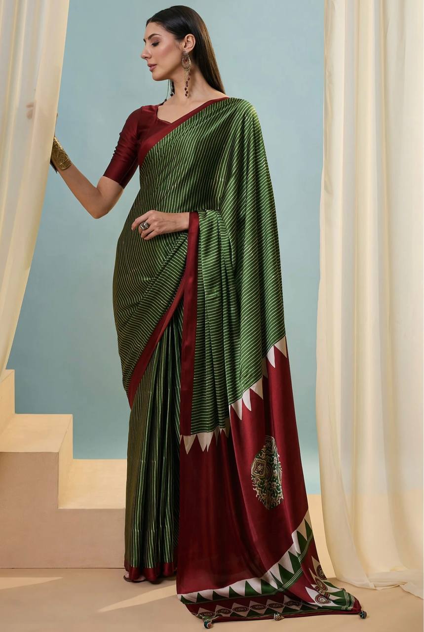 Olive Green Maroon Striped Ajrakh Modal Silk Saree with Designer Border