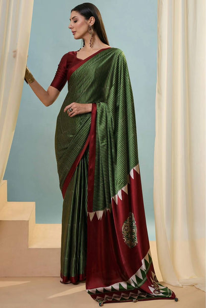 Olive Green Maroon Striped Ajrakh Modal Silk Saree with Designer Border