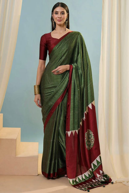 Olive Green Maroon Striped Ajrakh Modal Silk Saree with Designer Border
