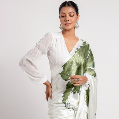 Ivory & Sage Green Floral Satin Designer Saree – Elegant Party & Festive Wear Saree for Women