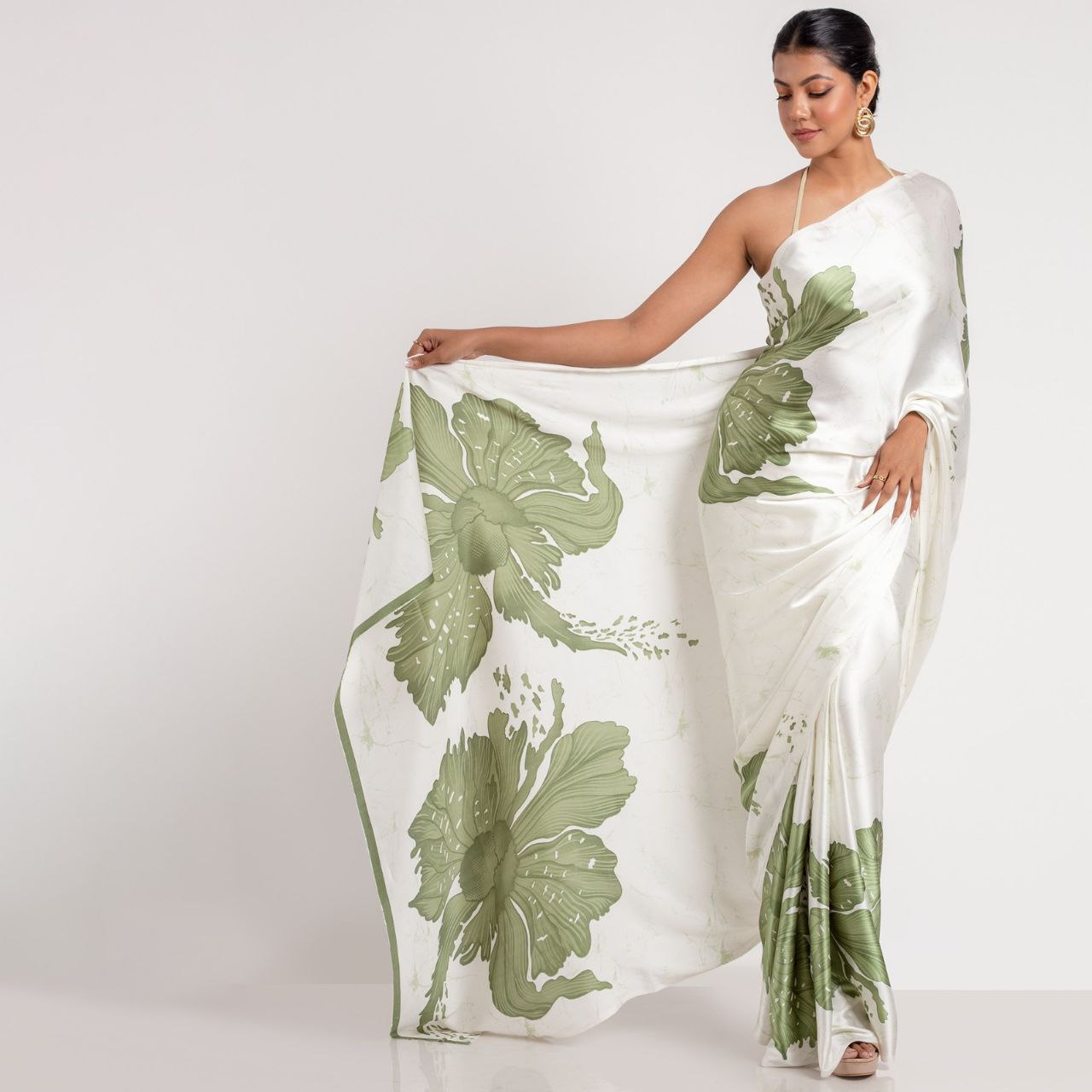 Ivory & Sage Green Floral Satin Designer Saree – Elegant Party & Festive Wear Saree for Women