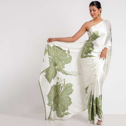 Ivory & Sage Green Floral Satin Designer Saree – Elegant Party & Festive Wear Saree for Women