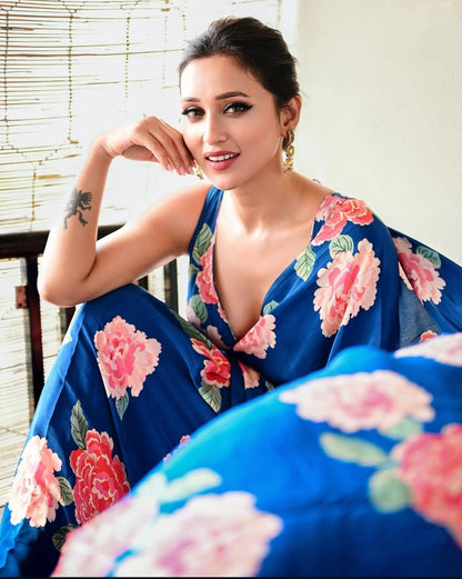 Royal Bloom Blue Satin Floral Printed Saree – Elegant Designer Party & Festive Wear Saree for Women