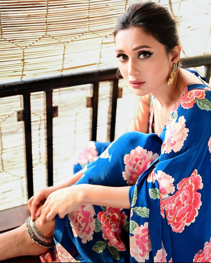 Royal Bloom Blue Satin Floral Printed Saree – Elegant Designer Party & Festive Wear Saree for Women