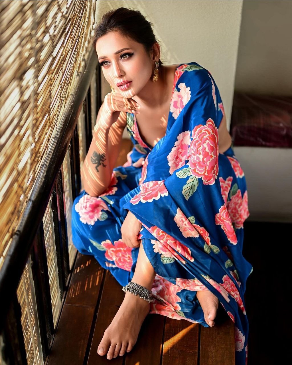 Royal Bloom Blue Satin Floral Printed Saree – Elegant Designer Party & Festive Wear Saree for Women
