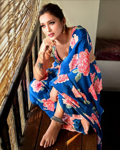 Royal Bloom Blue Satin Floral Printed Saree – Elegant Designer Party & Festive Wear Saree for Women