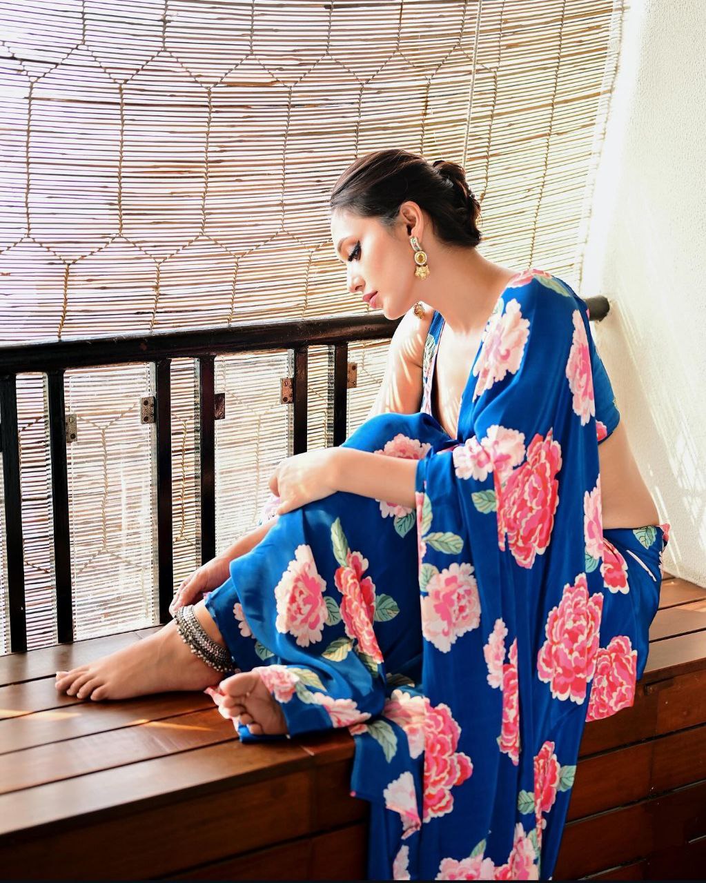 Royal Bloom Blue Satin Floral Printed Saree – Elegant Designer Party & Festive Wear Saree for Women