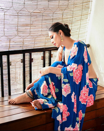 Royal Bloom Blue Satin Floral Printed Saree – Elegant Designer Party & Festive Wear Saree for Women