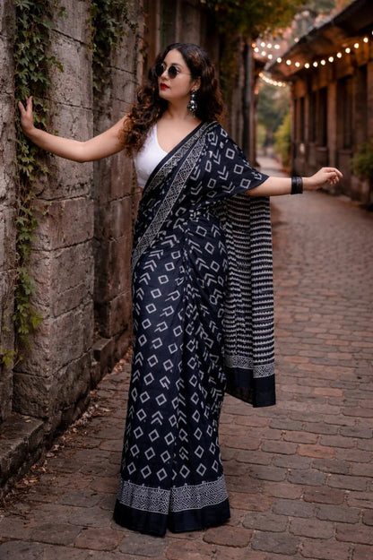 Black Geometric Printed Cotton Saree with Running Blouse