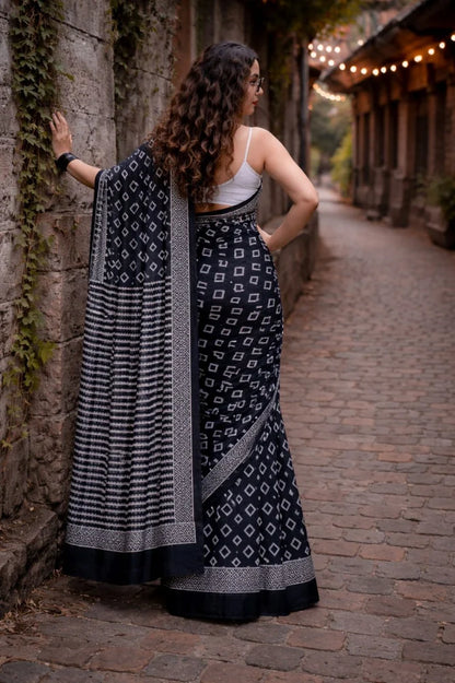 Black Geometric Printed Cotton Saree with Running Blouse