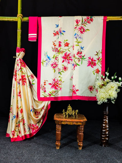 Cream Floral Printed Saree with Pink Blouse Elegant Designer Saree