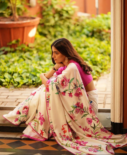 Cream Floral Printed Saree with Pink Blouse Elegant Designer Saree
