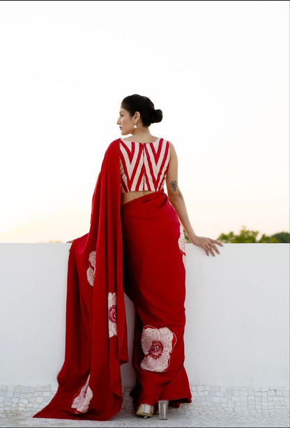 Crimson Red Satin Floral Designer Saree – Elegant Party & Festive Wear Saree for Women