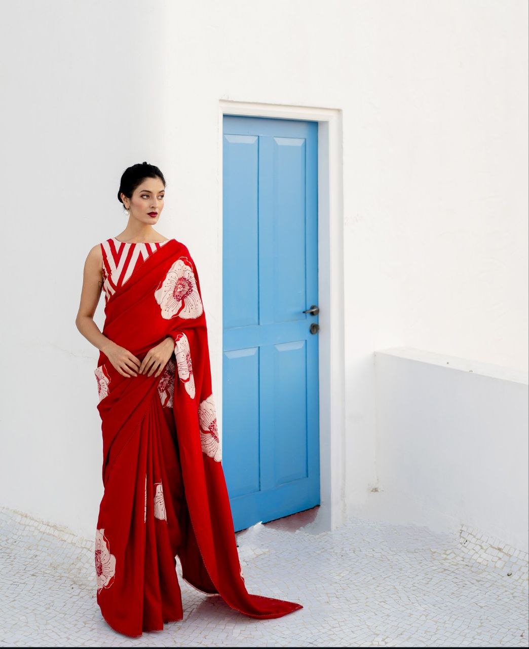 Crimson Red Satin Floral Designer Saree – Elegant Party & Festive Wear Saree for Women