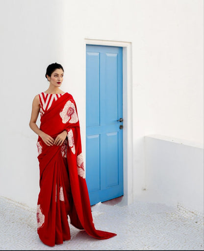 Crimson Red Satin Floral Designer Saree – Elegant Party & Festive Wear Saree for Women