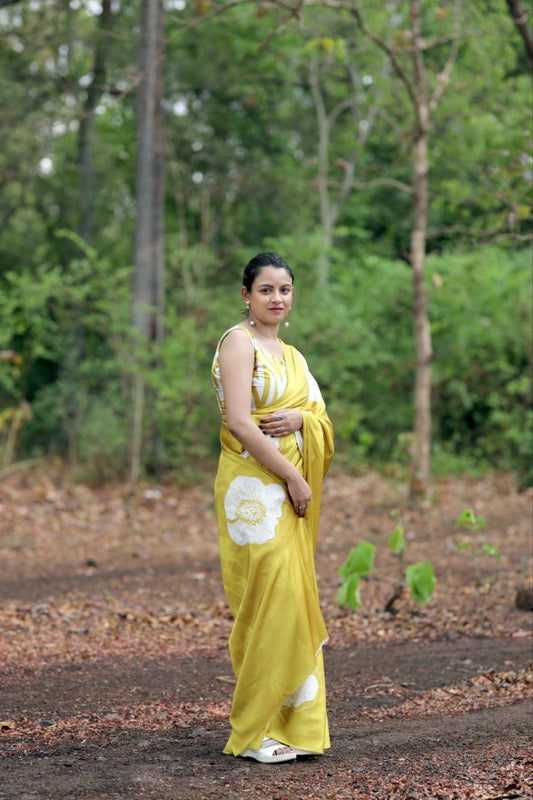 Sunshine Yellow Satin Floral Designer Saree – Elegant Casual & Festive Wear Saree for Women