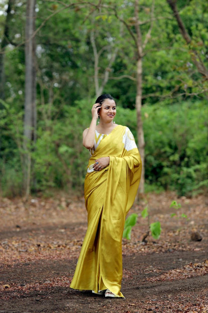 Sunshine Yellow Satin Floral Designer Saree – Elegant Casual & Festive Wear Saree for Women
