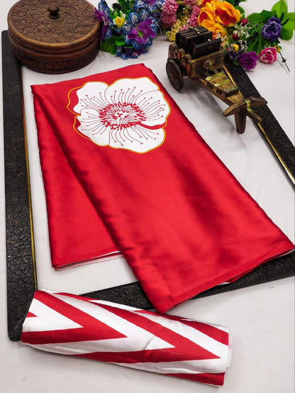 Crimson Red Satin Floral Designer Saree – Elegant Party & Festive Wear Saree for Women