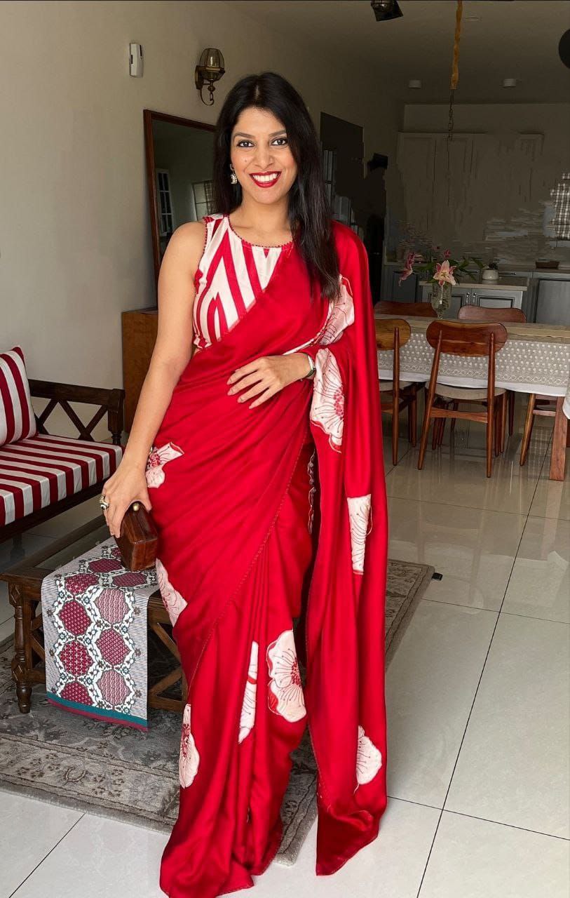 Crimson Red Satin Floral Designer Saree – Elegant Party & Festive Wear Saree for Women