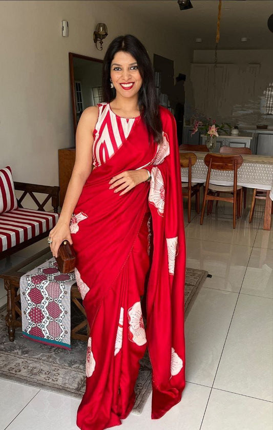 Crimson Red Satin Floral Designer Saree – Elegant Party & Festive Wear Saree for Women