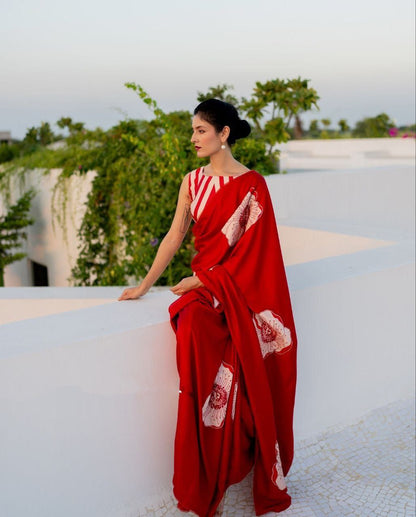 Crimson Red Satin Floral Designer Saree – Elegant Party & Festive Wear Saree for Women