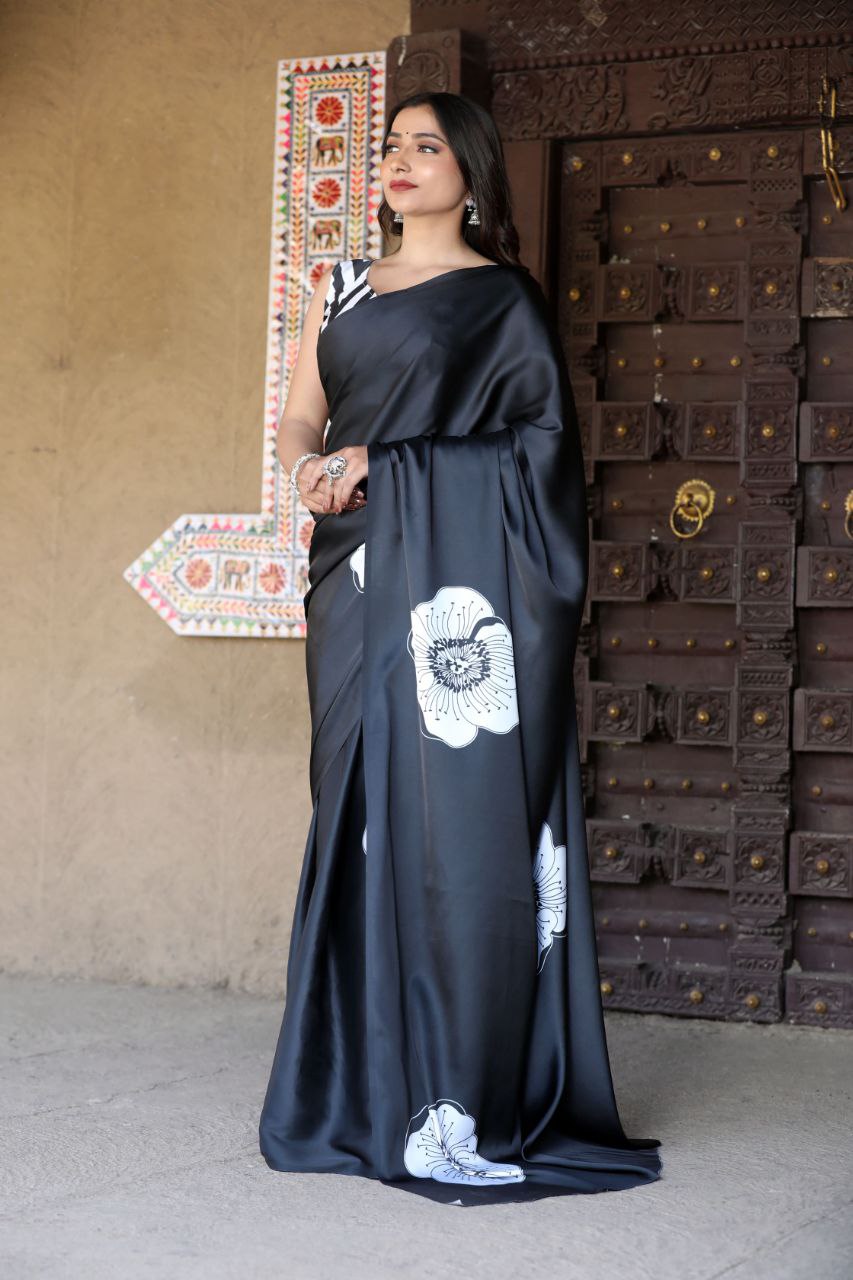 Midnight Grace Black Satin Floral Printed Saree – Elegant Designer Party Wear Saree for Women