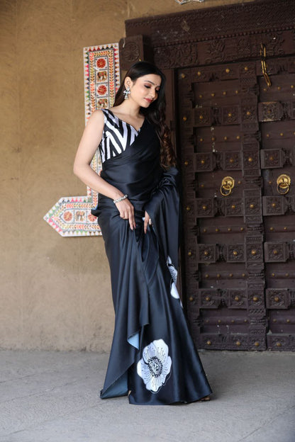 Midnight Grace Black Satin Floral Printed Saree – Elegant Designer Party Wear Saree for Women