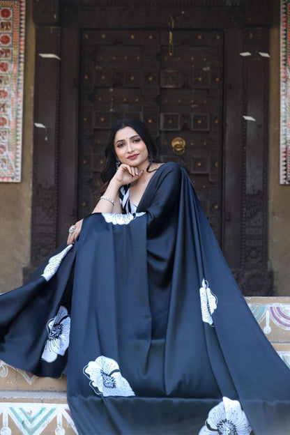 Midnight Grace Black Satin Floral Printed Saree – Elegant Designer Party Wear Saree for Women