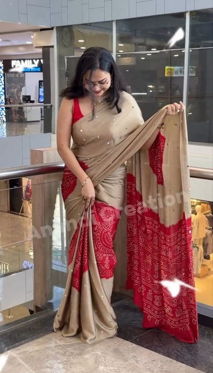 Beige Gajji Silk Saree with Red Bandhani Print Border
