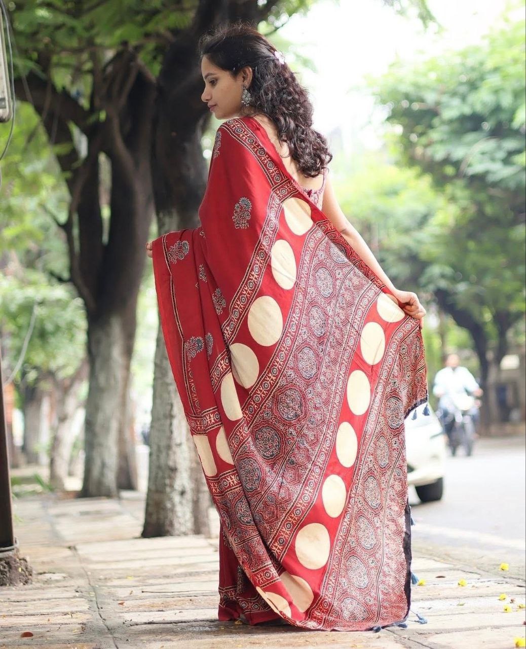 Red Traditional Printed Ajrakh Modal Silk Saree with Ethnic Border
