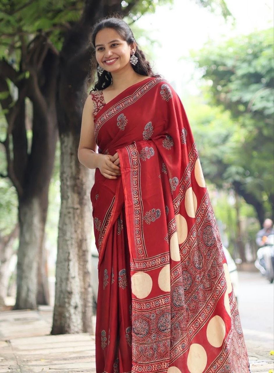 Red Traditional Printed Ajrakh Modal Silk Saree with Ethnic Border