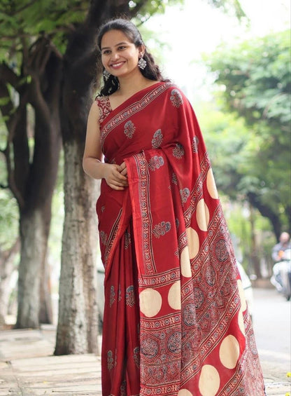 Red Traditional Printed Ajrakh Modal Silk Saree with Ethnic Border