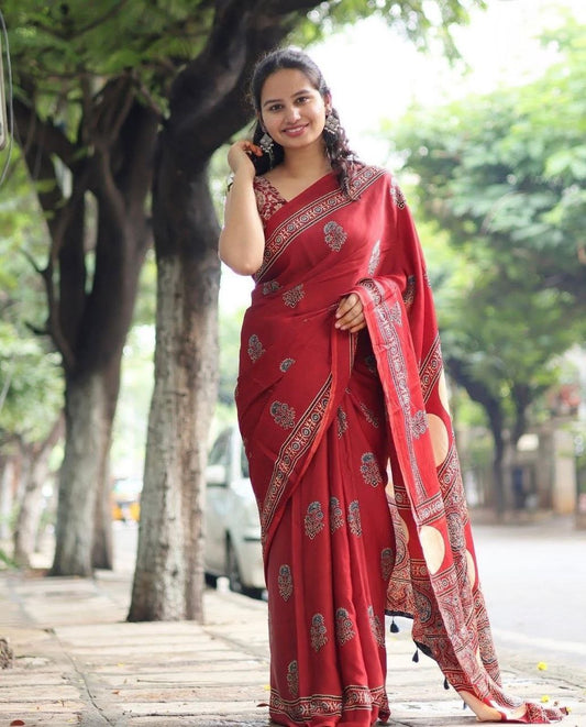 Red Traditional Printed Ajrakh Modal Silk Saree with Ethnic Border