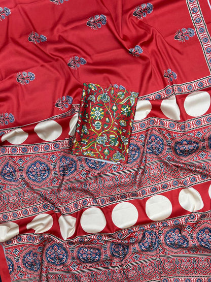 Red Traditional Printed Ajrakh Modal Silk Saree with Ethnic Border