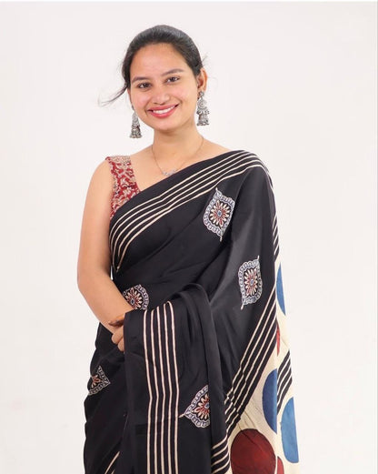 Black Multicolor Printed Ajrakh Modal Silk Saree with Designer Pallu