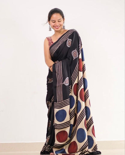 Black Multicolor Printed Ajrakh Modal Silk Saree with Designer Pallu