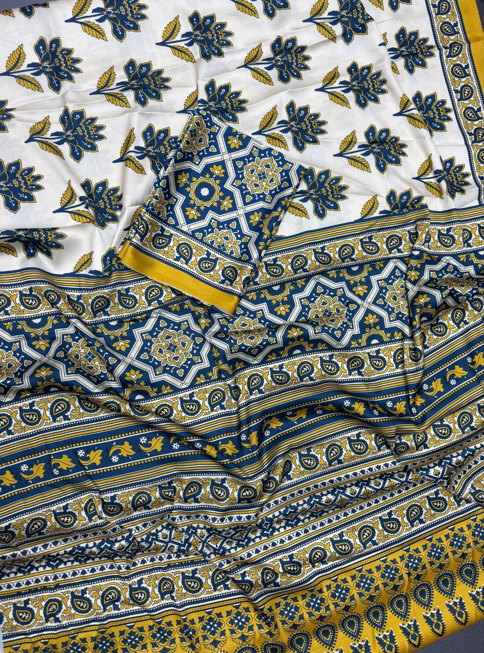 Cream & Blue Ajrakh Modal Silk Saree Traditional Printed Soft Saree with Mustard Border