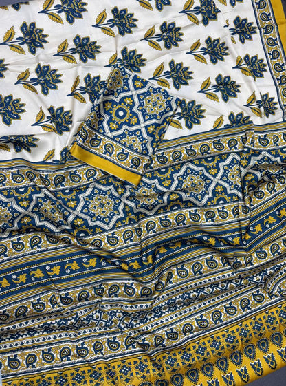 Cream & Blue Ajrakh Modal Silk Saree Traditional Printed Soft Saree with Mustard Border