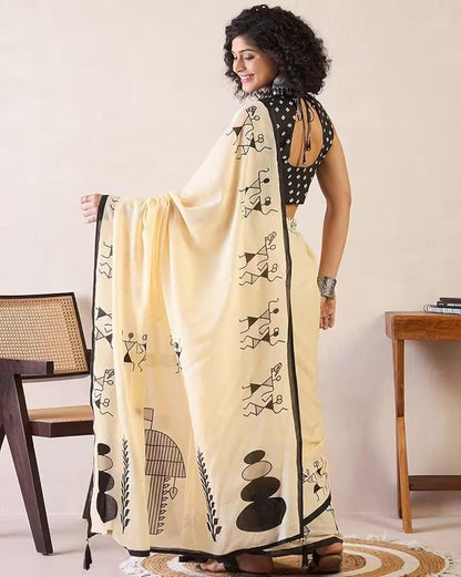 Cream White Linen Cotton Saree with Tribal Art Print