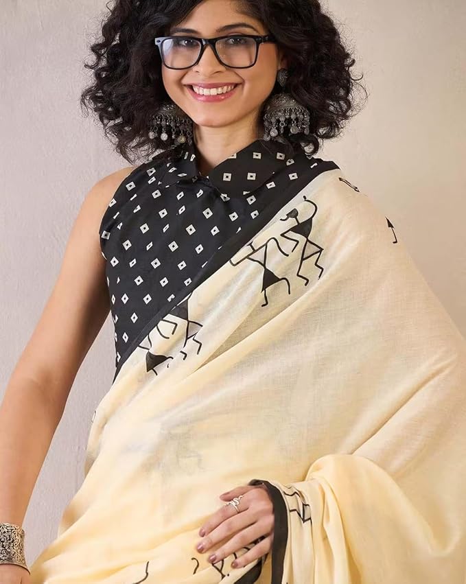 Cream White Linen Cotton Saree with Tribal Art Print